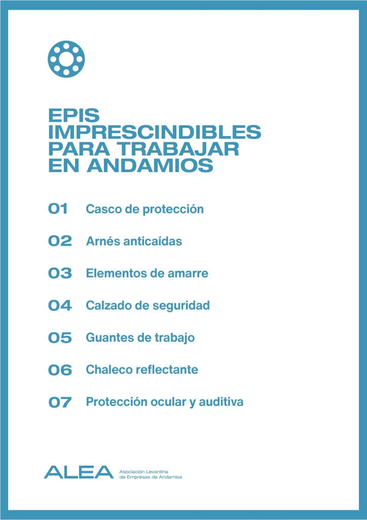 Listado de los EPIs imprescindibles para trabajos en andamios: casco de protección, arnés anticaídas, elementos de amarre, calzado de seguridad, guantes, chaleco reflectante y protección ocular y auditiva.