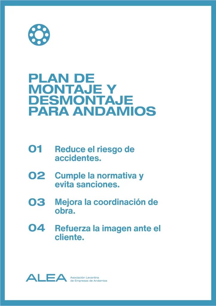 Infografía de ALEA que destaca cuatro razones clave para elaborar un plan de montaje y desmontaje de andamios: reducir accidentes, cumplir la normativa, mejorar la coordinación de obra y reforzar la imagen profesional.