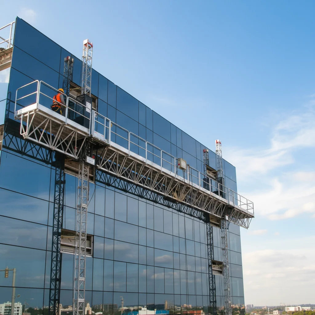 tipos de andamios: un operario trabajando en altura en un andamio de cremallera