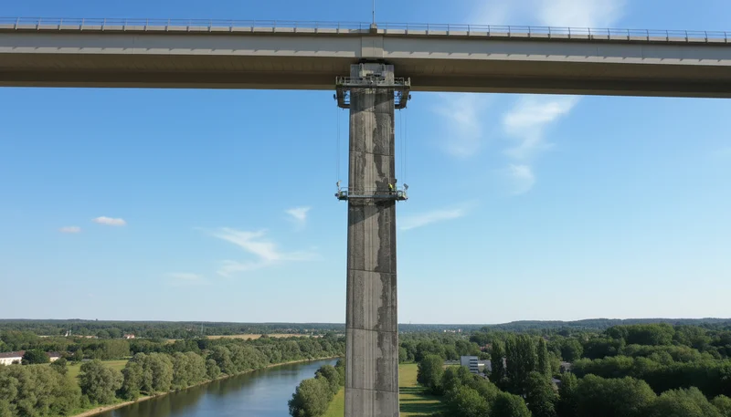 Inspección y mantenimiento de andamios colgantes en pilar de puente. Trabajos en altura para la seguridad y conservación de infraestructuras.