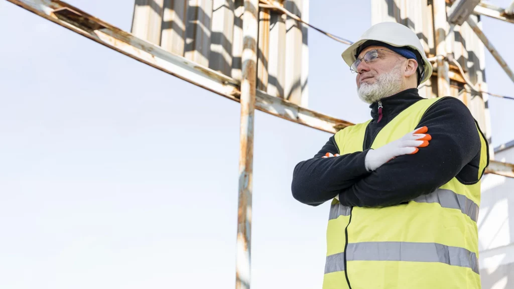 Personal competente inspeccionando andamios. Mantenimiento y seguridad estructural en trabajos temporales en altura.