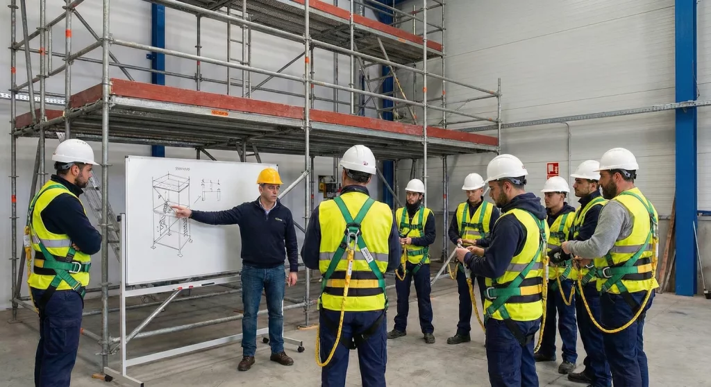 un grupo de personas recibe un curso de formación para trabajar con andamios