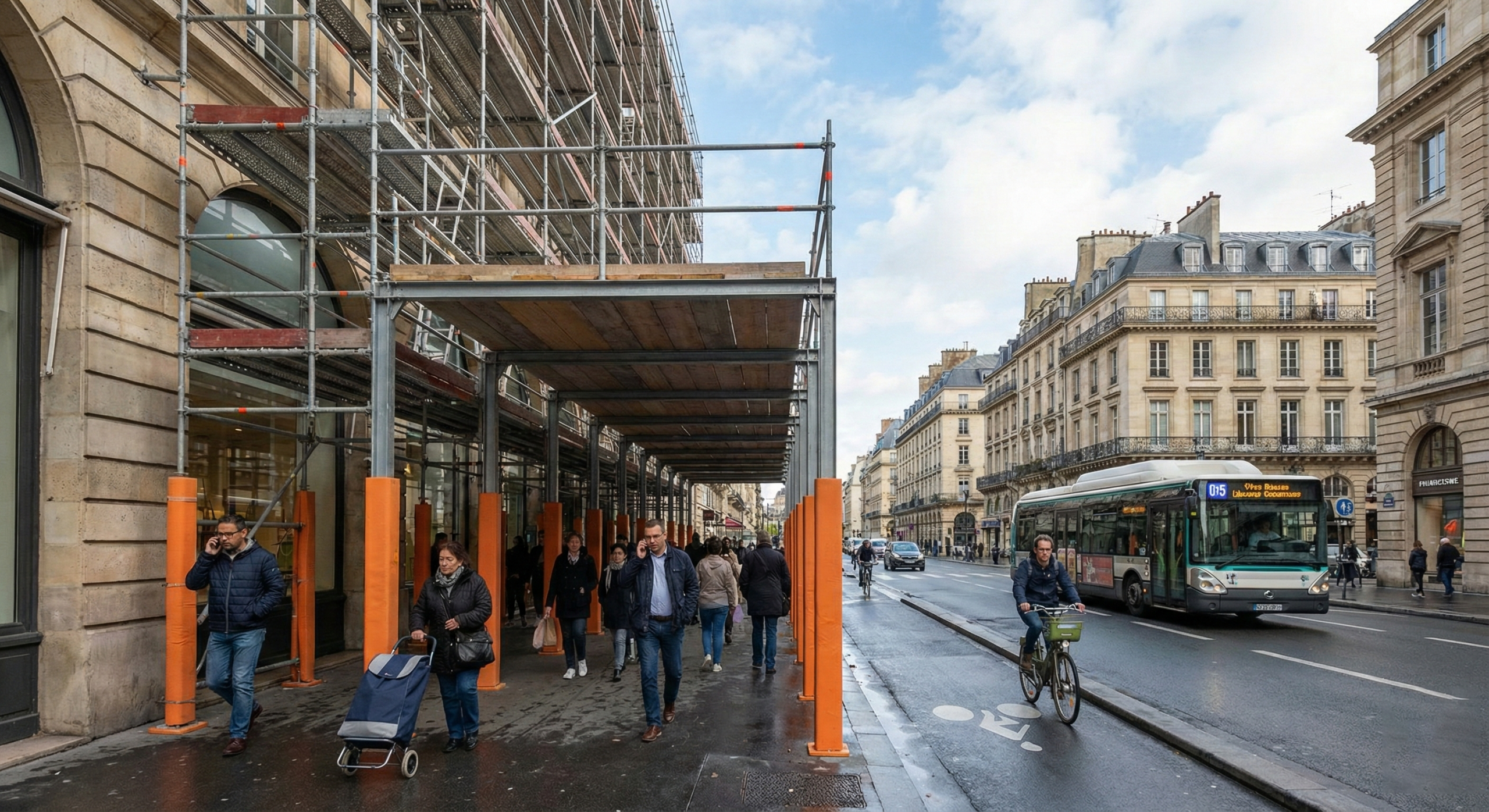 Un amplio túnel de andamios con grandes protectores naranjas en las bases. Gente camina por la acera y el pasaje. Un autobús y un ciclista circulan por la calle en una ciudad europea.