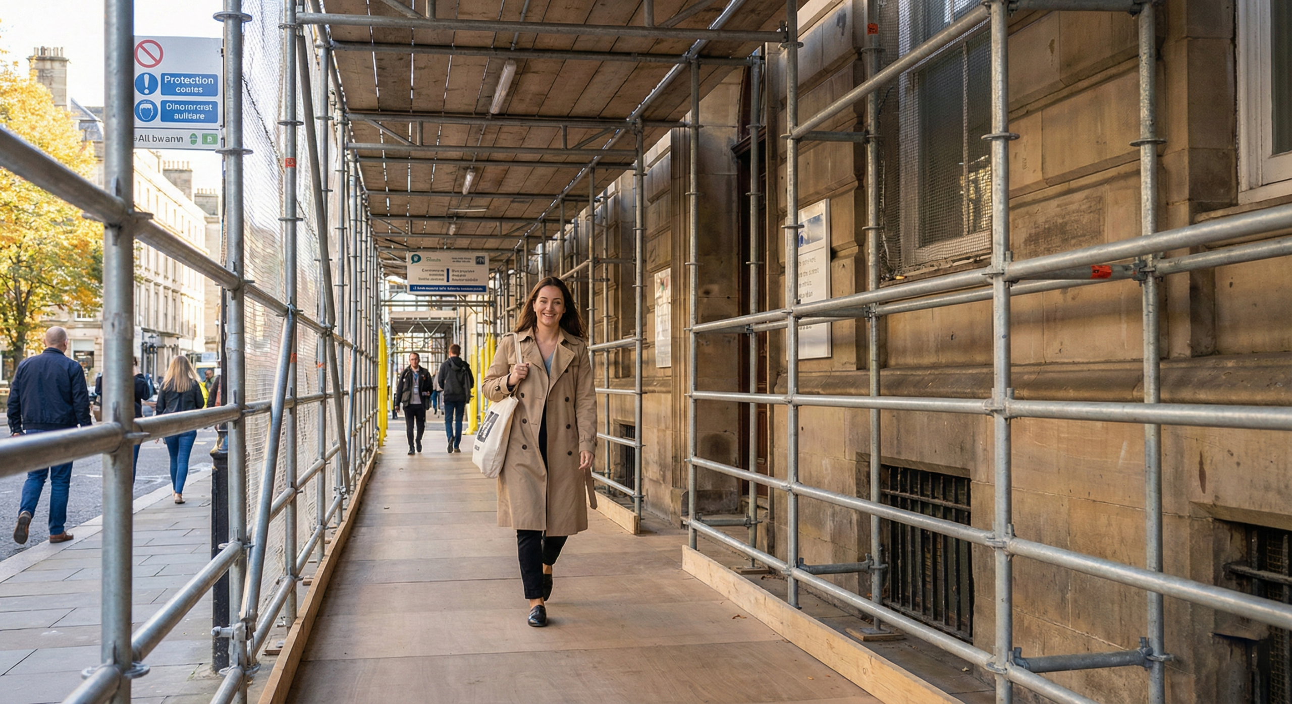 normativa andamios vía pública: una mujer pasea por un pasaje de andamios de metal y madera