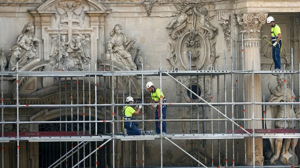 Operarios trabajando sobre un andamio multidireccional adaptado a la fachada durante una restauración BIC (Bien de Interés Cultural) sin dañar la piedra.
