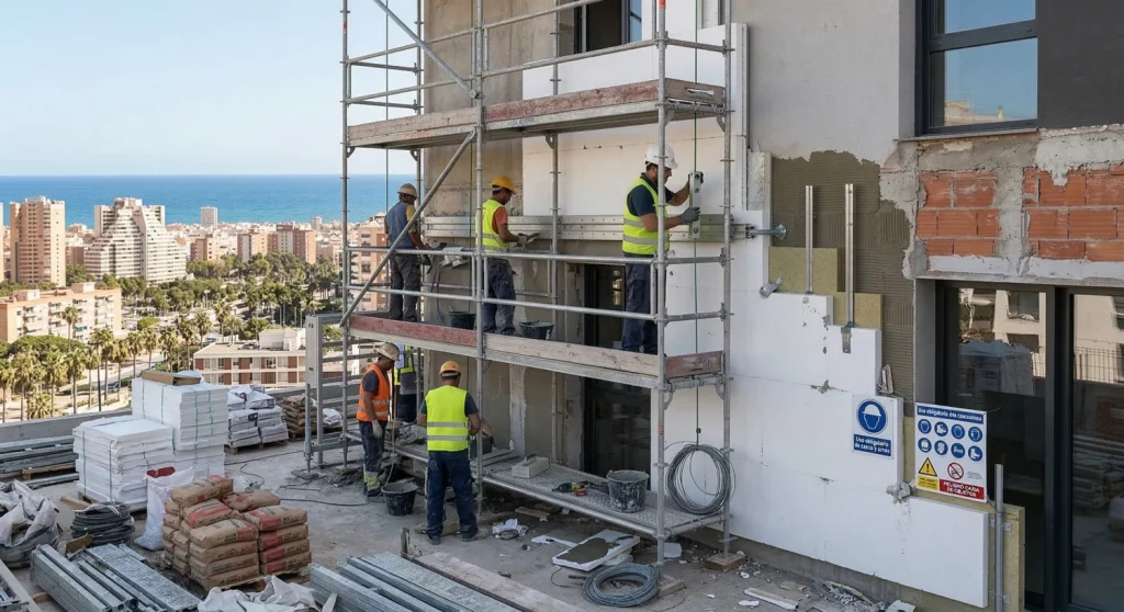 Obreros instalando sistema de aislamiento térmico SATE en fachada de edificio frente al mar.