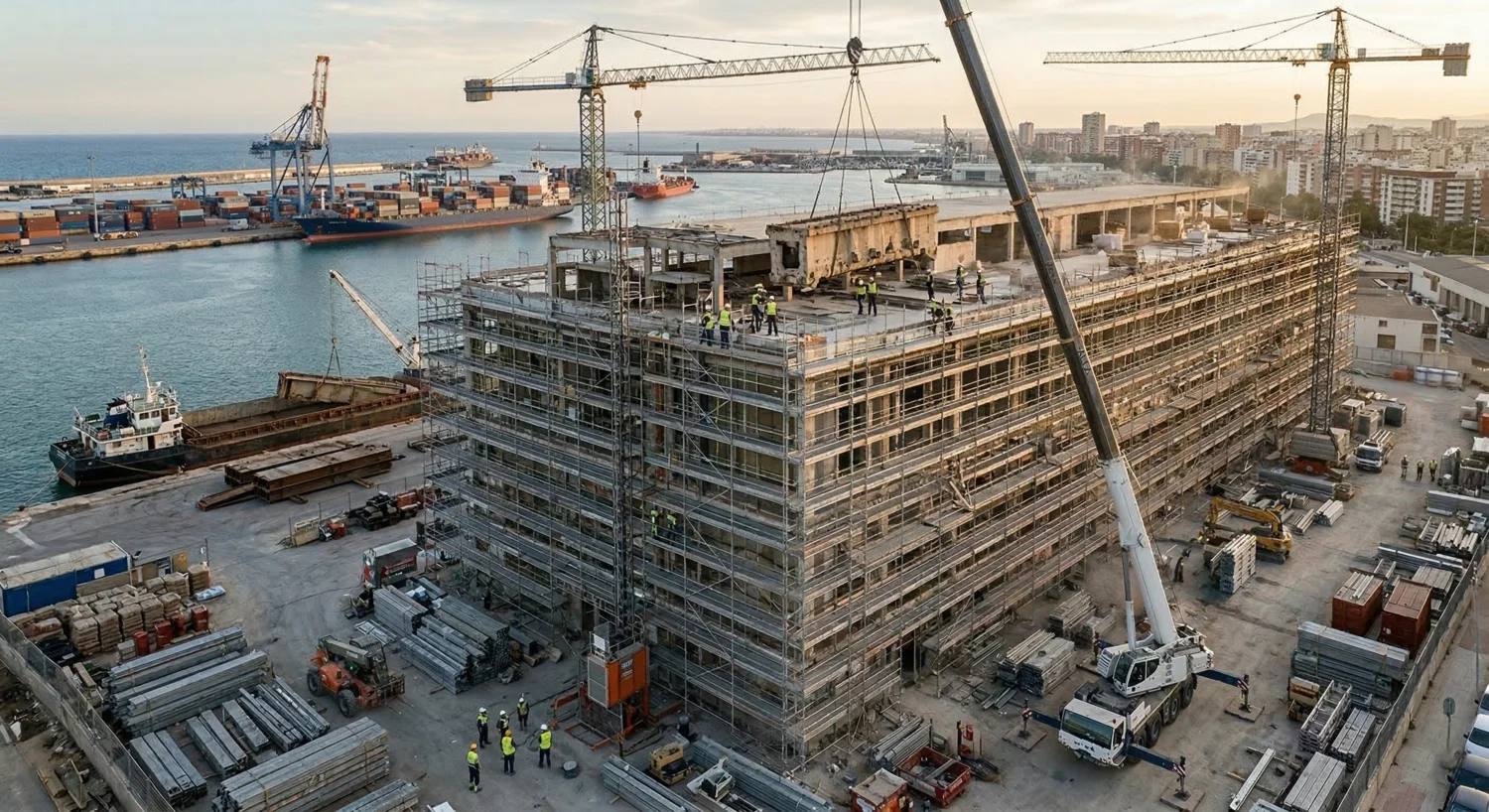 Vista aérea elevada de un gran proyecto de construcción de un edificio de gran altura en un puerto, con operarios en andamios, grúas y barcos contenedores bajo un cielo de atardecer.