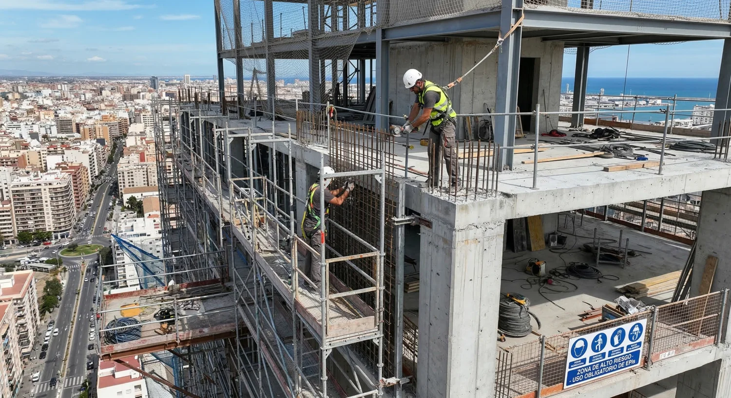 Punto de vista elevado mirando hacia abajo en un sitio de construcción de un rascacielos, mostrando a dos operarios con arneses de seguridad realizando tareas en pisos de hormigón expuesto, con una vista detallada de la ciudad y el mar de fondo.