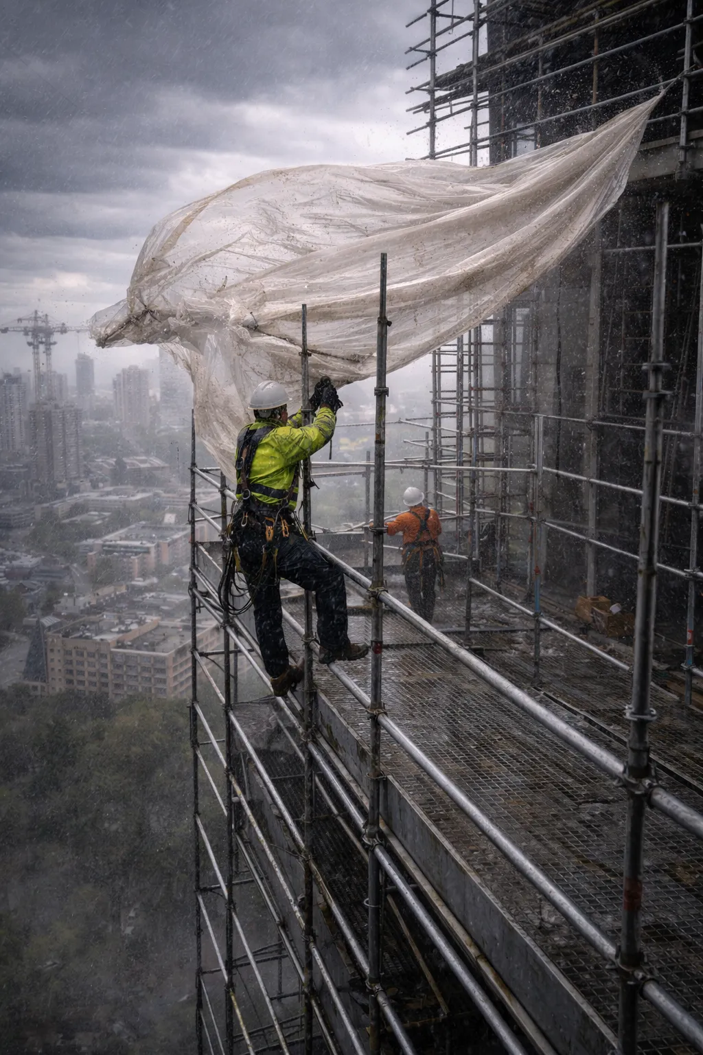 Trabajador en andamio a gran altura con lona inflada por el viento mostrando el efecto vela en obra