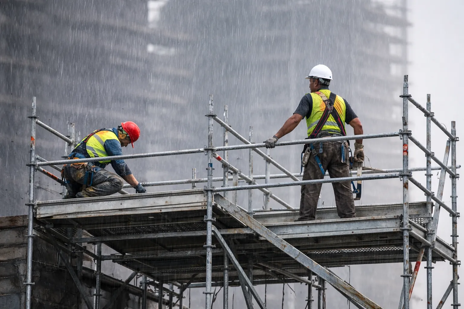 Dos trabajadores sobre el andamio durante un día de lluvia