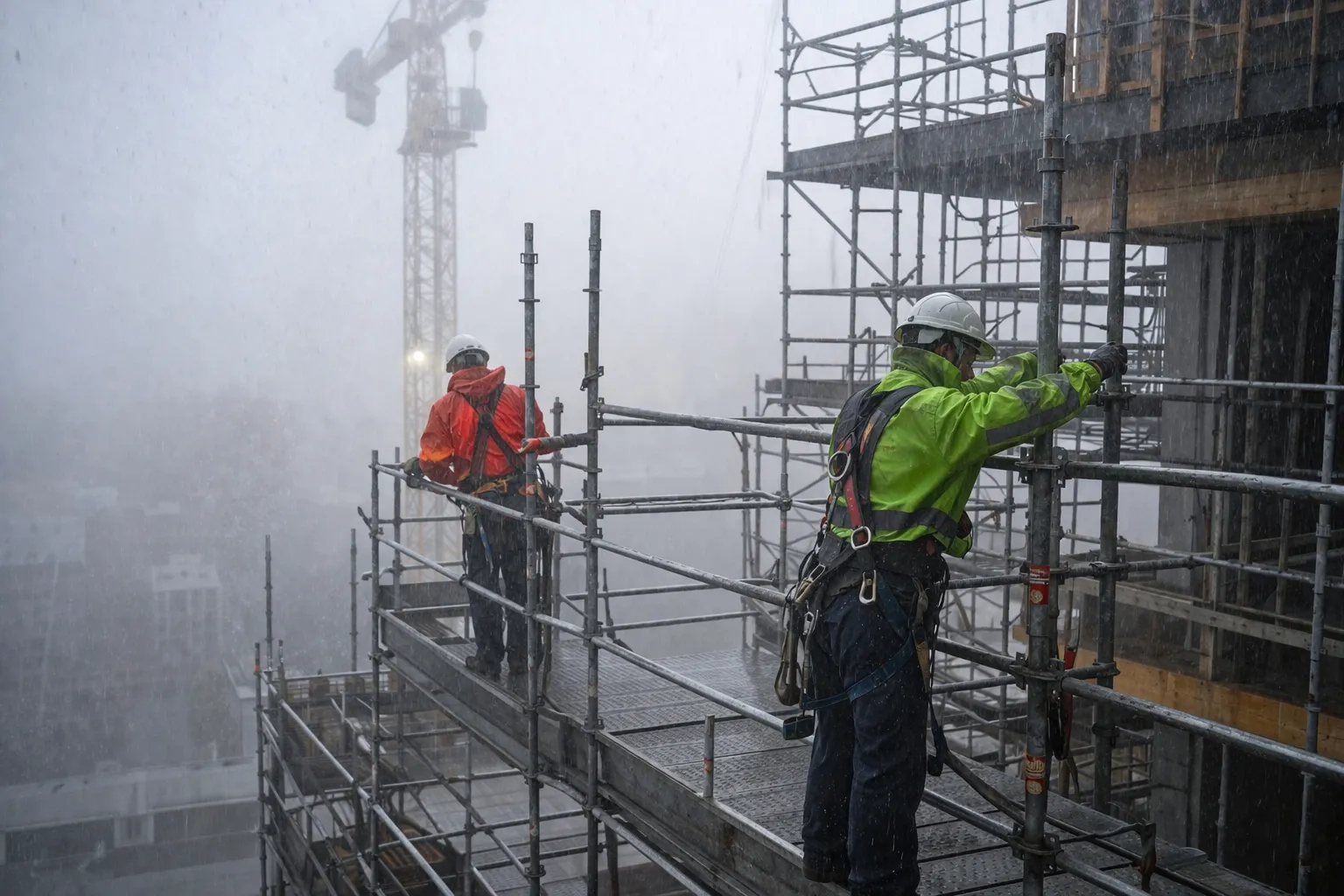 Trabajadores en andamio durante lluvia intensa en obra realizando trabajos en altura con equipos de seguridad
