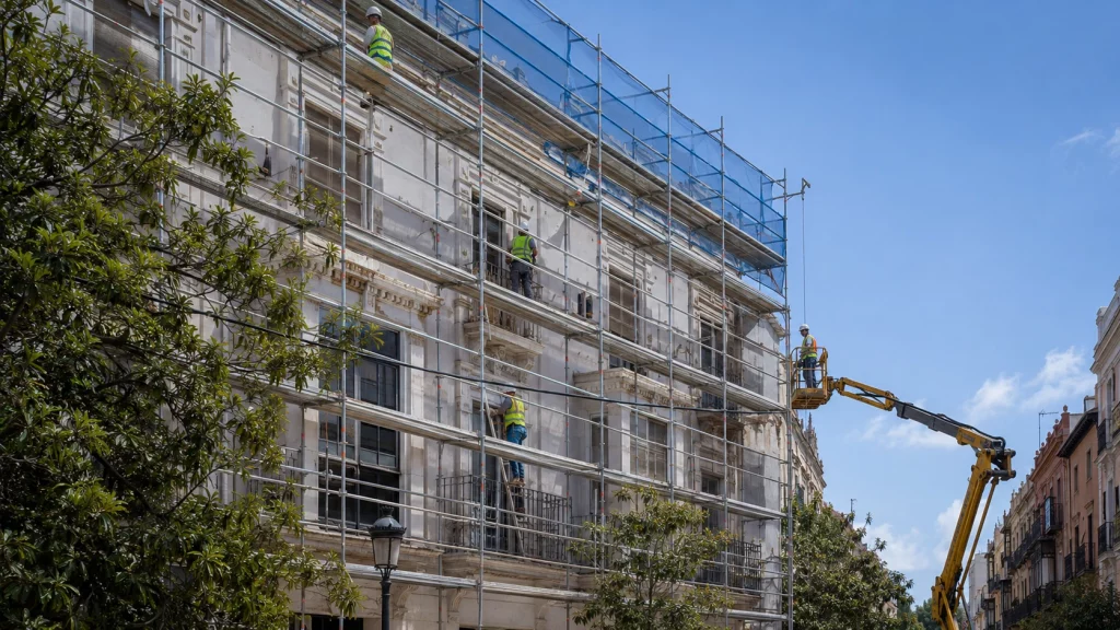 Andamio y plataforma elevadora en una obra de rehabilitación de fachada
