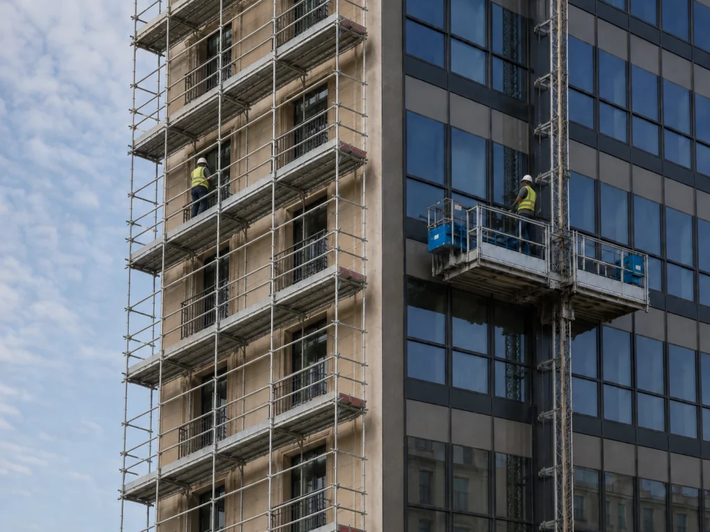 Andamio tubular y plataforma de cremallera en dos fachadas de un edificio en rehabilitación