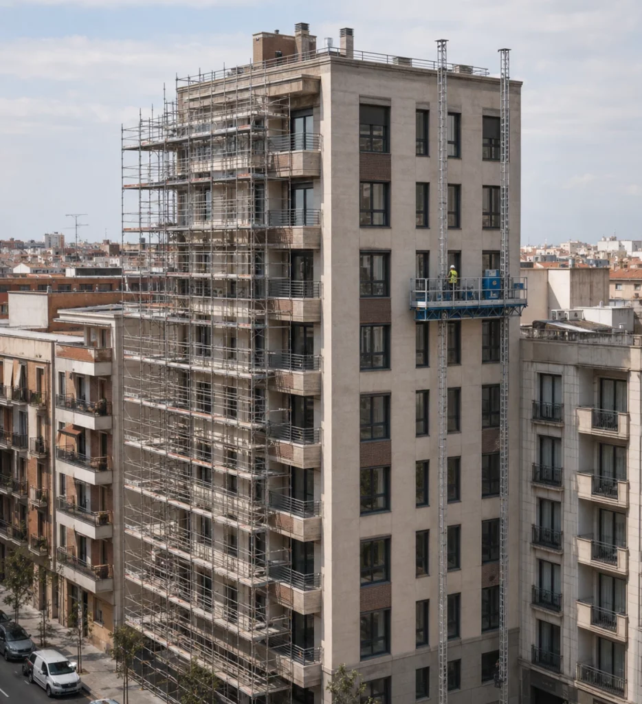 Edificio en rehabilitación con andamio tubular y plataforma de cremallera sobre mástil
