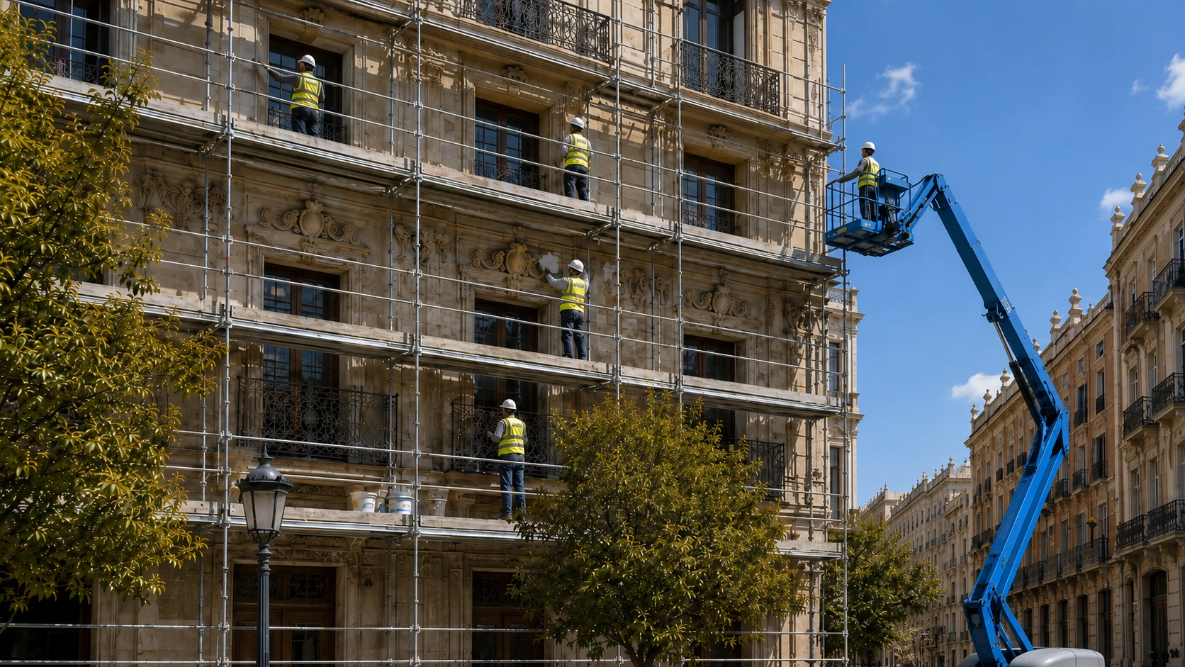 Andamio y plataforma elevadora en una obra de rehabilitación de fachada