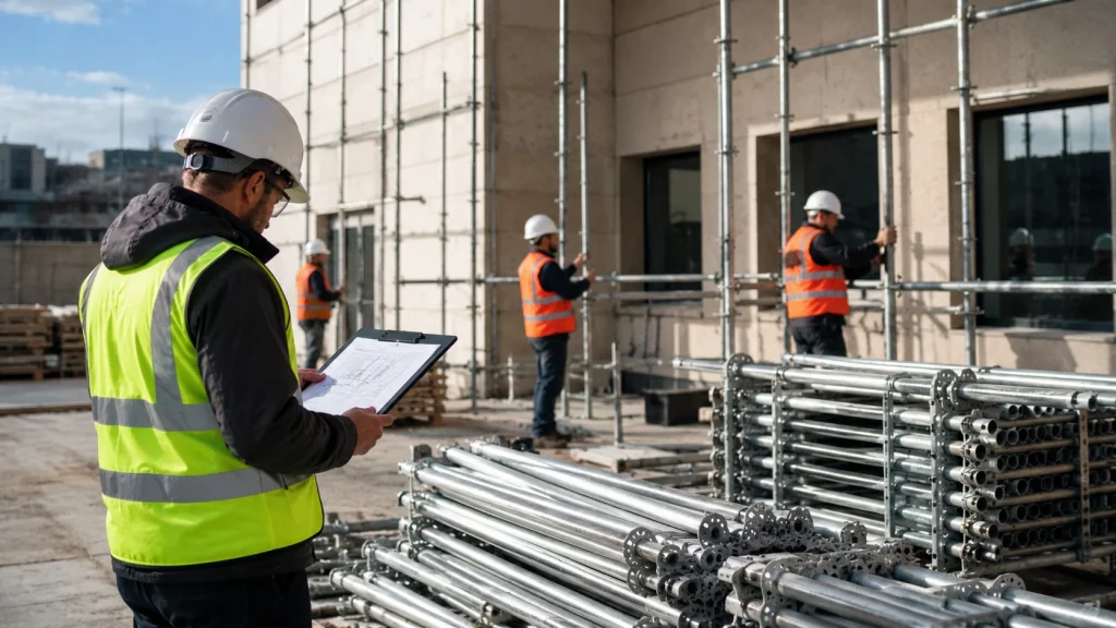 Técnico revisando la documentación mientras varios operarios preparan el montaje de un andamio tubular junto a una fachada.