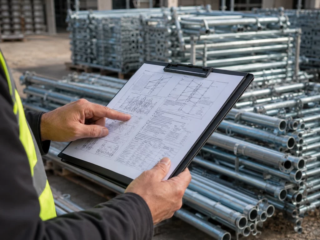 Plano técnico de cálculo estructural de andamio revisado en obra