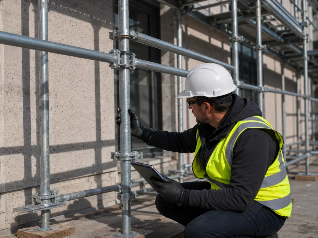 Comprobación de anclaje de andamio tubular con tablet en obra