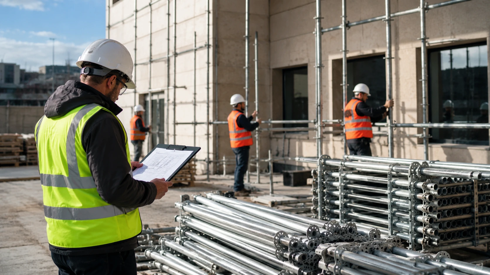 Técnico revisando la documentación mientras varios operarios preparan el montaje de un andamio tubular junto a una fachada.