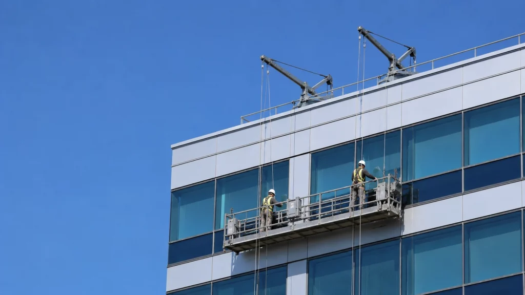 Andamio colgante motorizado suspendido en la fachada de un edificio con dos operarios
