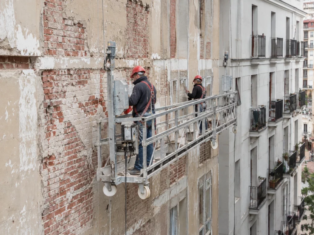 Plataforma suspendida motorizada utilizada por dos operarios en la rehabilitación de una fachada