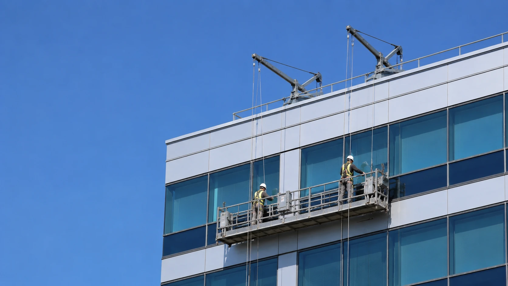 Andamio colgante motorizado suspendido en la fachada de un edificio con dos operarios