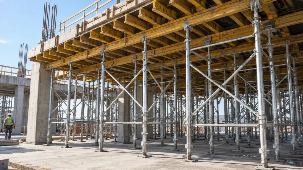 Cimbra provisional sosteniendo el encofrado de un forjado en una obra de construcción